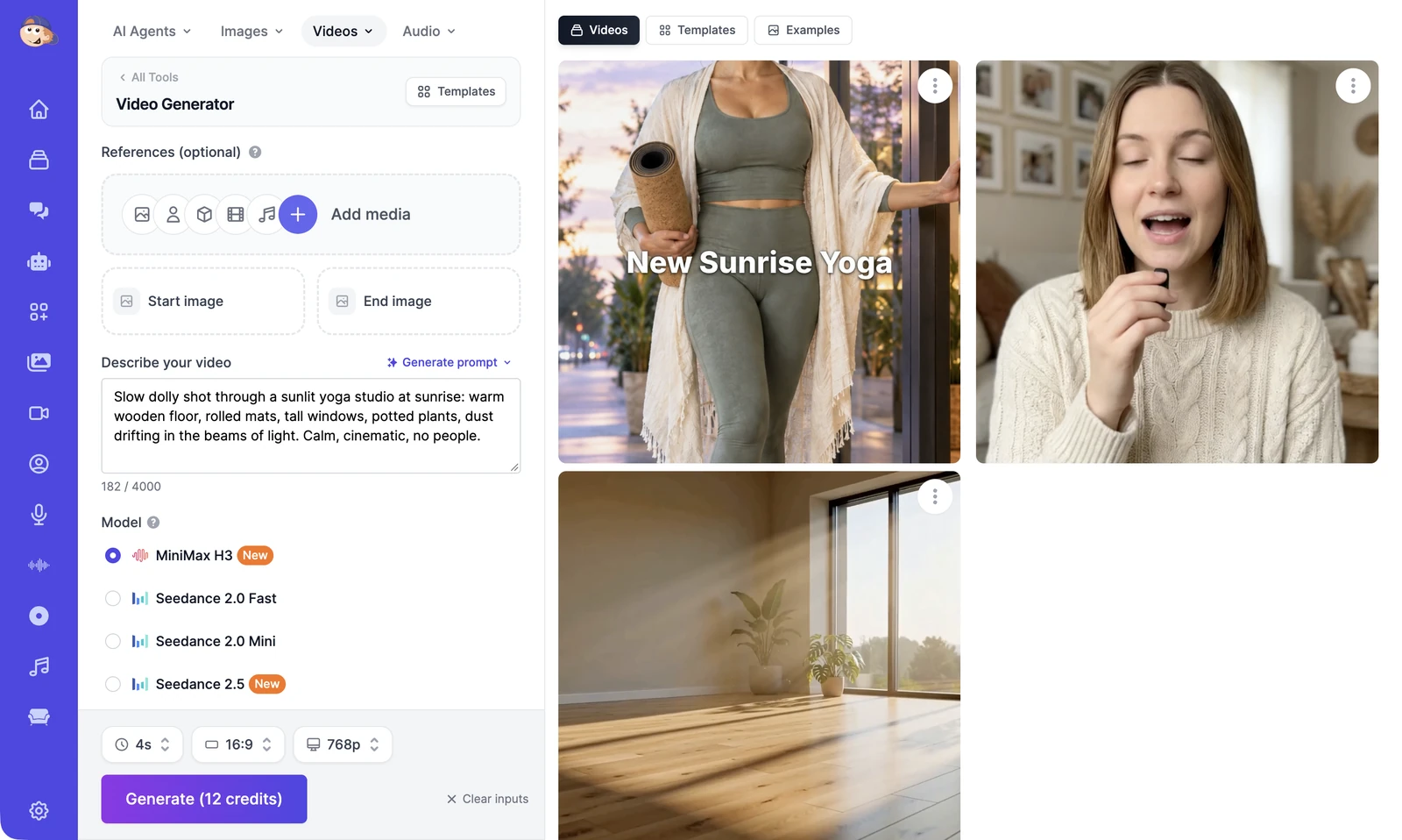 The Video Generator: references, start and end images, a prompt about a sunlit yoga studio, the model list with MiniMax H3 selected, and a Generate (12 credits) button on the left; three finished videos on the right