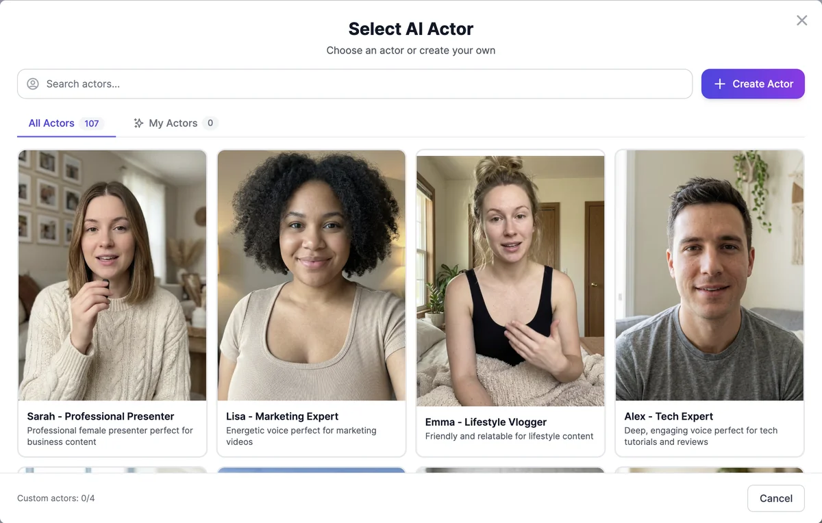 The Select AI Actor window with a search box, Create Actor button, All Actors 107 and My Actors 0 tabs, and actors such as Sarah - Professional Presenter, Lisa - Marketing Expert, Emma - Lifestyle Vlogger, and Alex - Tech Expert