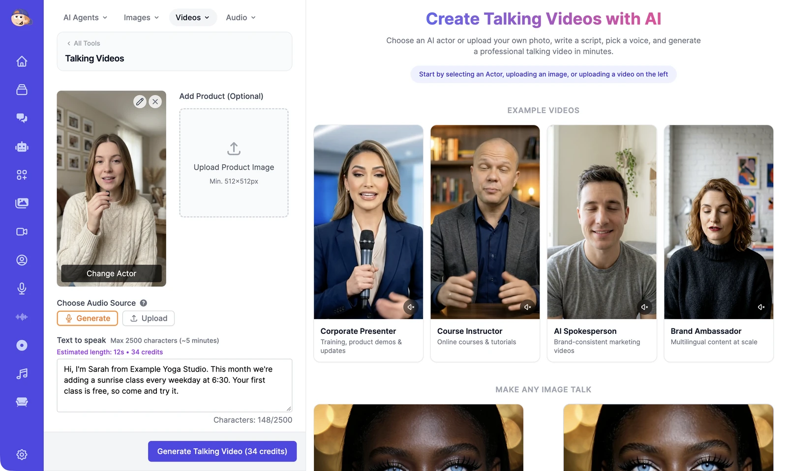 The Talking Videos page with the AI actor Sarah selected, an Add Product (Optional) tile, Generate selected as the audio source, a script for Example Yoga Studio, and a Generate Talking Video (34 credits) button; example videos on the right