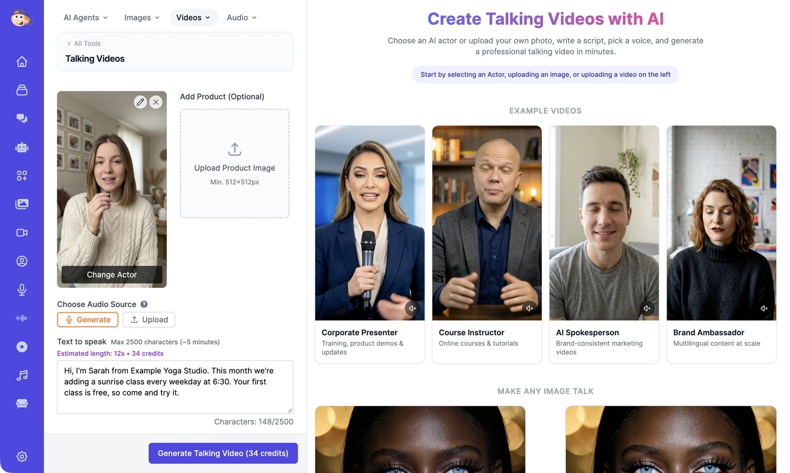The Talking Videos page with the AI actor Sarah selected, an Add Product (Optional) tile, Generate selected as the audio source, a script for Example Yoga Studio, and a Generate Talking Video (34 credits) button; example videos on the right