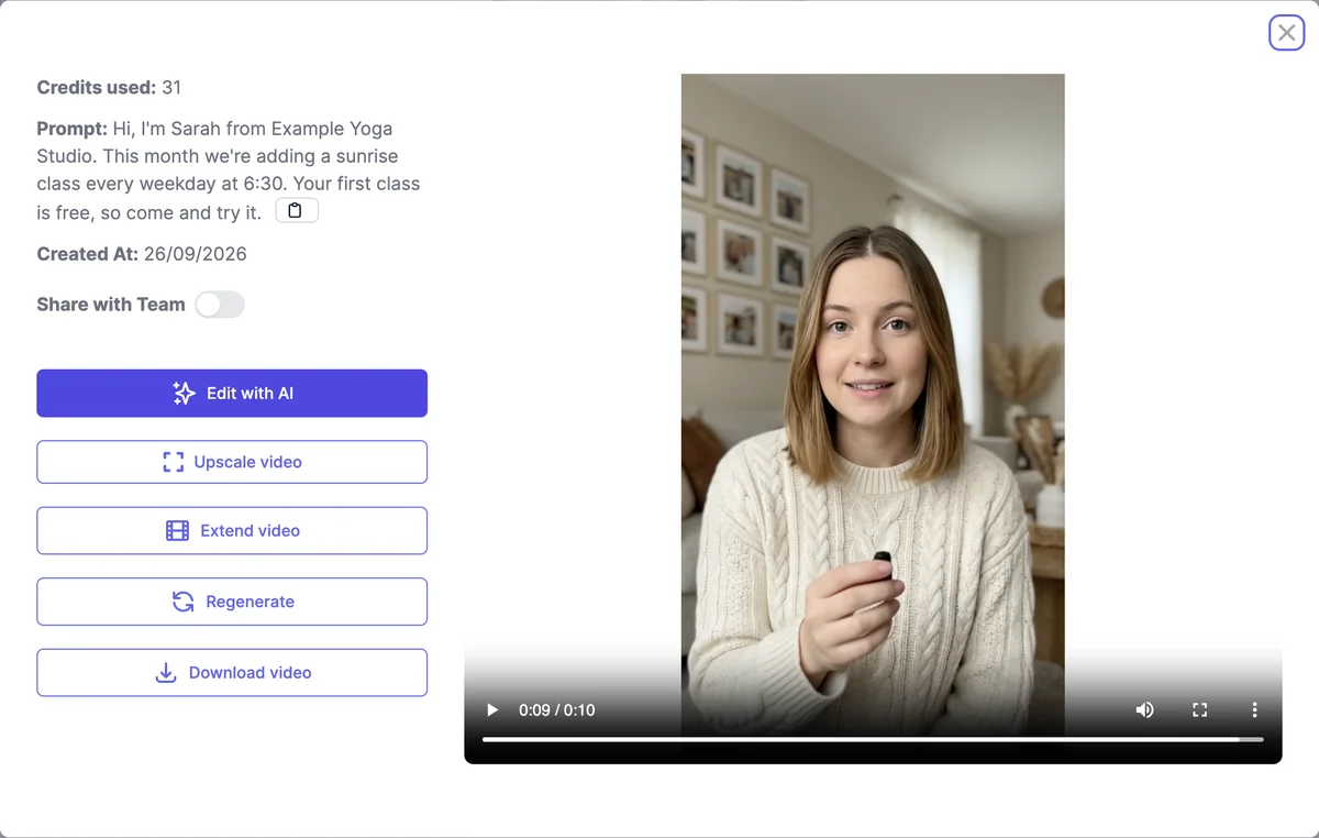 The details of the finished talking video: 31 credits used, the script as the prompt, the creation date, a Share with Team switch, and buttons for Edit with AI, Upscale video, Extend video, Regenerate, and Download video, next to the vertical video of the actor speaking