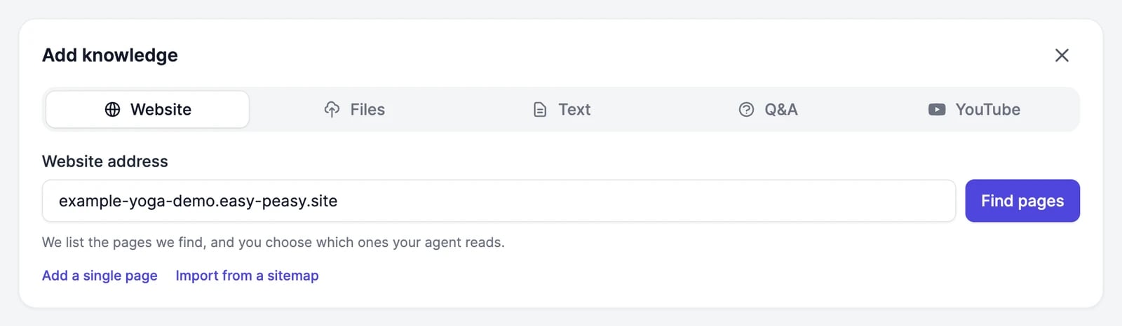 The Add knowledge panel with Website, Files, Text, Q&A and YouTube tabs. The Website tab has a website address field with Find pages, and links to Add a single page or Import from a sitemap