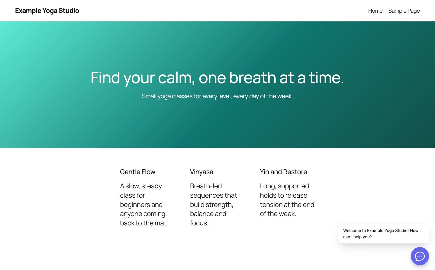 A WordPress site for Example Yoga Studio with the chat bubble at the bottom right and the greeting Welcome to Example Yoga Studio! How can I help you? next to it