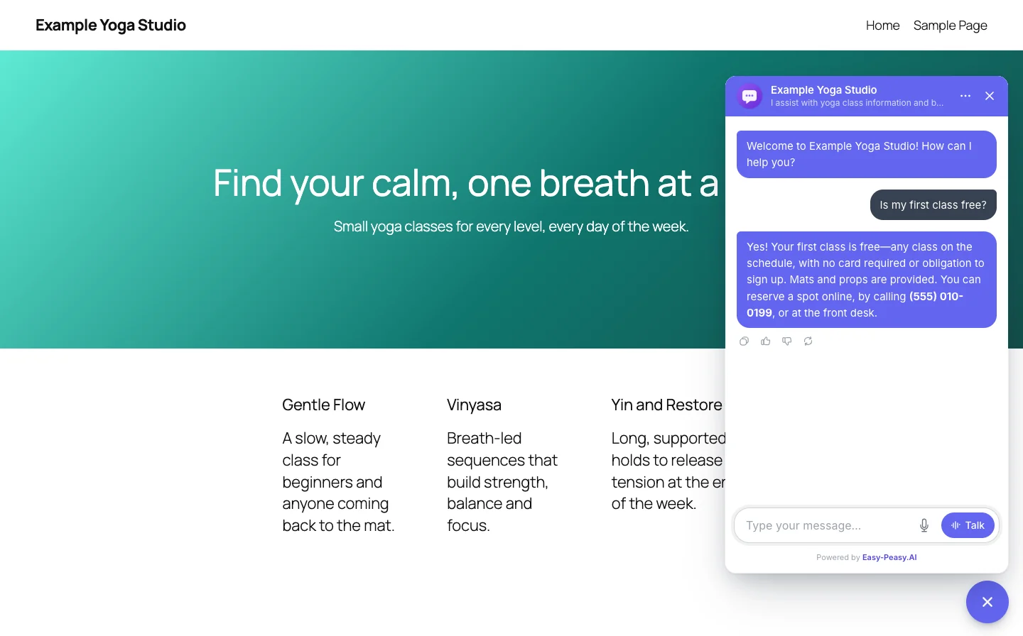 The chat open on the Example Yoga Studio WordPress site: a visitor asks Is my first class free? and the agent answers that it is, with the studio's phone number