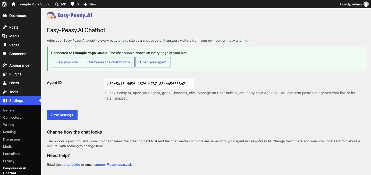 Settings > Easy-Peasy.AI Chatbot in WordPress: Connected to Example Yoga Studio, with View your site, Customize the chat bubble, and Open your agent buttons above the Agent ID field