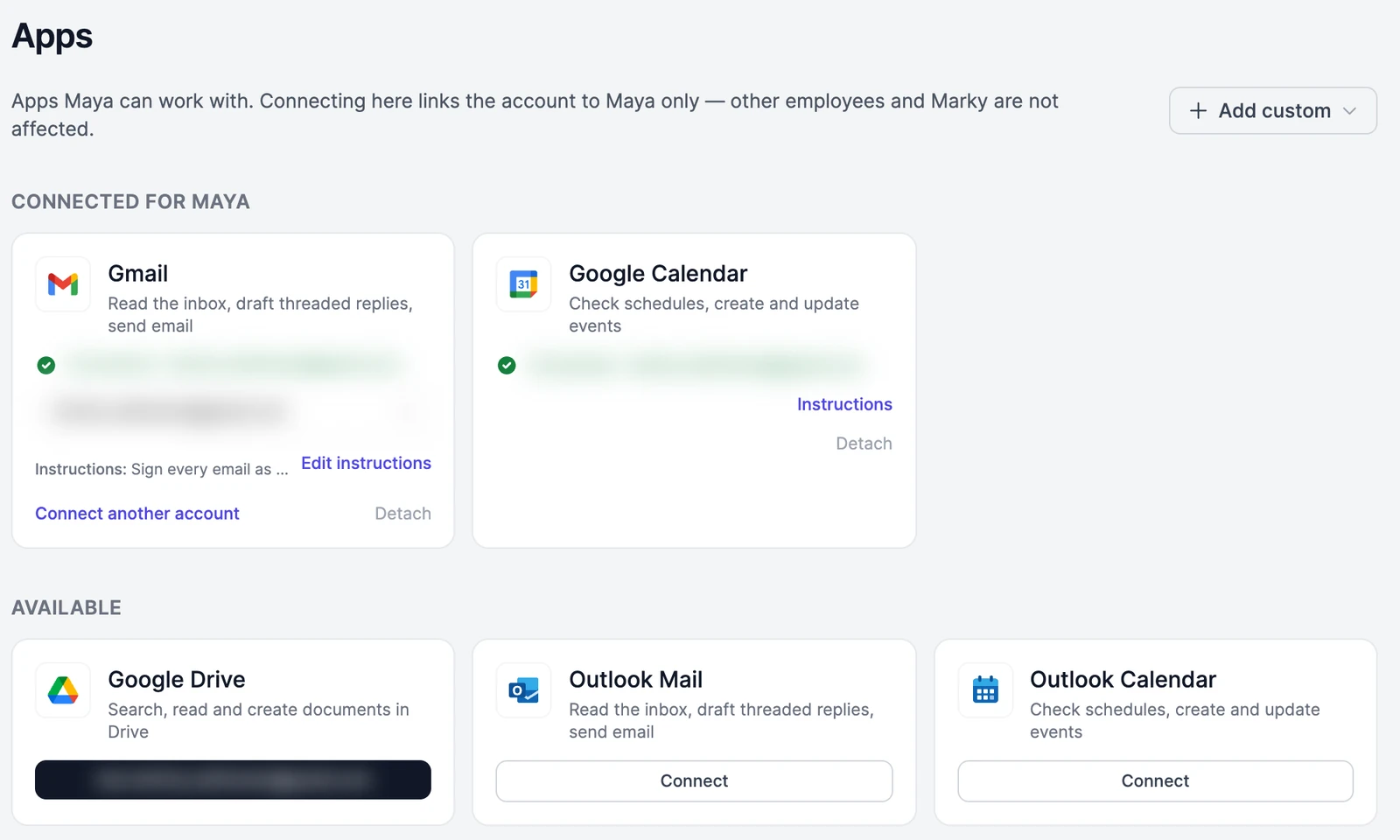 Maya's Apps: Gmail and Google Calendar under Connected for Maya, with the account blurred, and Google Drive, Outlook Mail and Outlook Calendar under Available