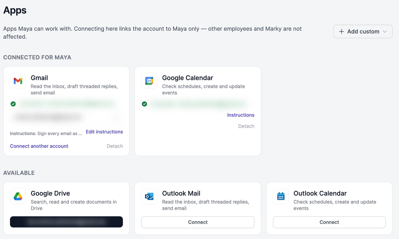 Maya's Apps: Gmail and Google Calendar under Connected for Maya, with the account blurred, and Google Drive, Outlook Mail and Outlook Calendar under Available
