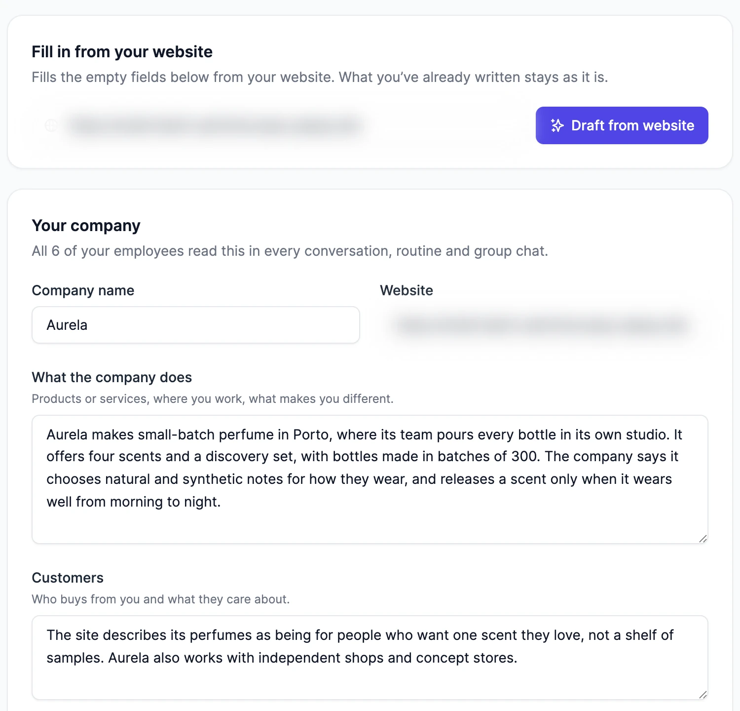 The company profile: Fill in from your website with Draft from website, then Your company with the company name Aurela, the website (blurred), What the company does, and Customers