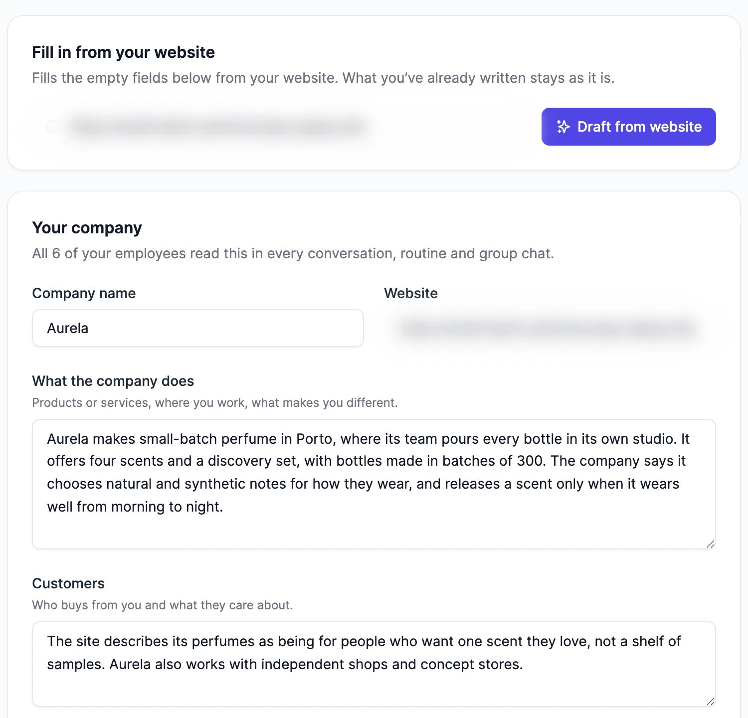 The company profile: Fill in from your website with Draft from website, then Your company with the company name Aurela, the website (blurred), What the company does, and Customers