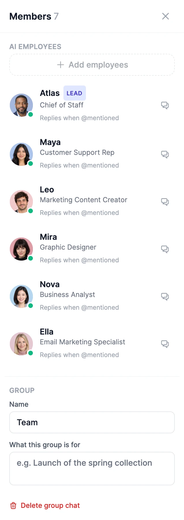 Members: Atlas tagged LEAD and five more employees, each replying when @mentioned, then the group name, what the group is for, and Delete group chat
