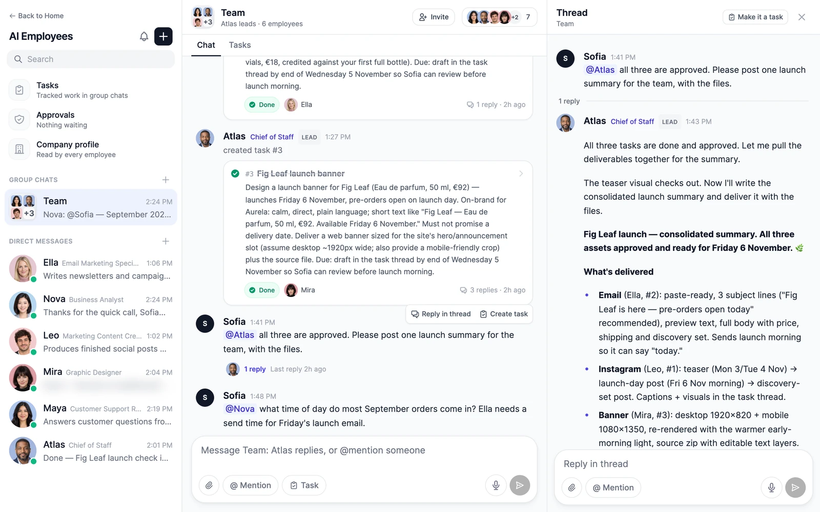 The Team group chat with a task card done by Mira, and a thread open beside the chat, where Atlas, the lead, answers with the launch summary