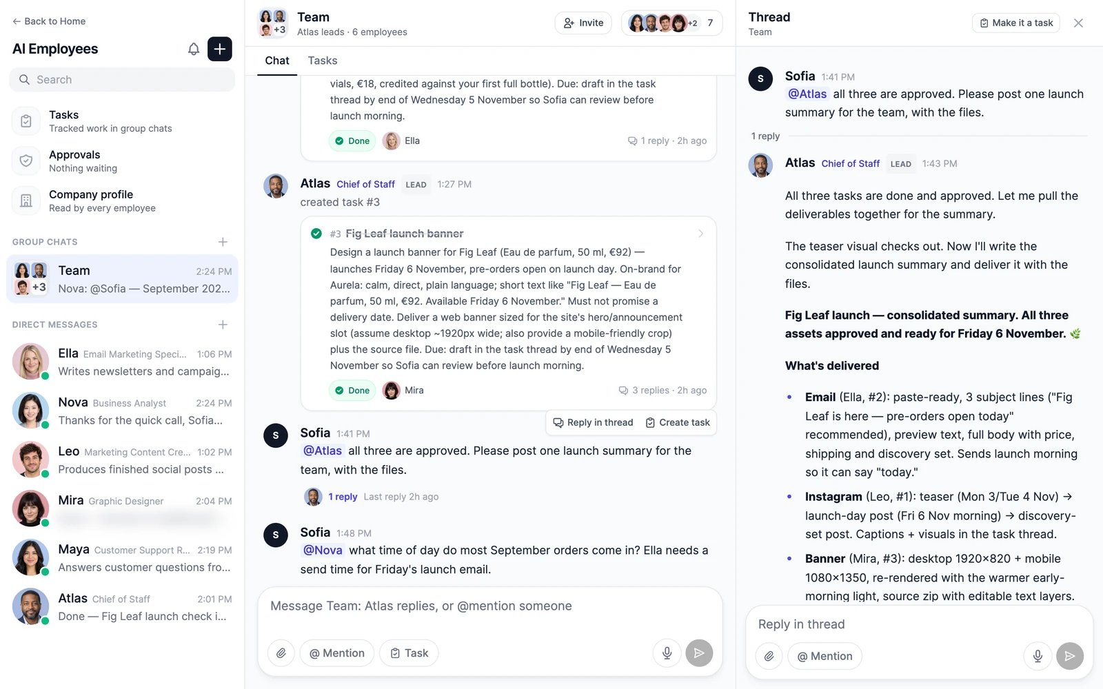 The Team group chat with a task card done by Mira, and a thread open beside the chat, where Atlas, the lead, answers with the launch summary