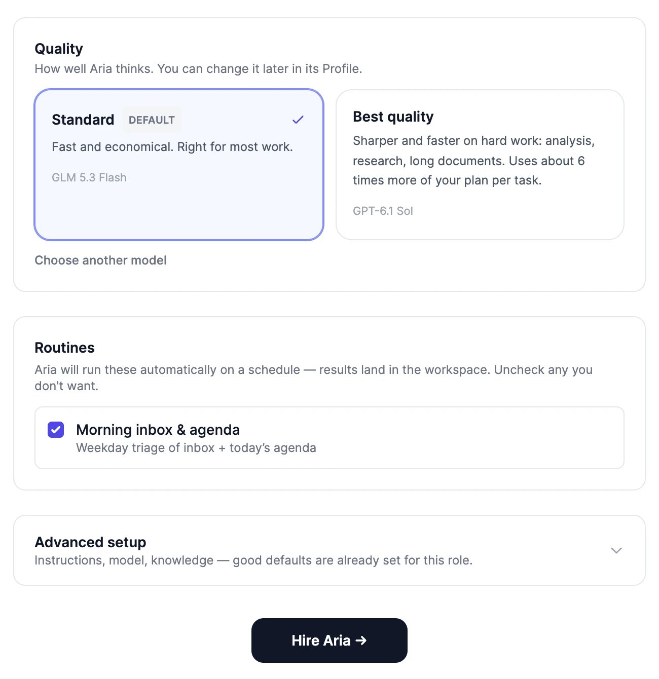 Aria's setup screen: Quality with Standard selected and Best quality, Routines with Morning inbox & agenda ticked, Advanced setup, and the Hire Aria button