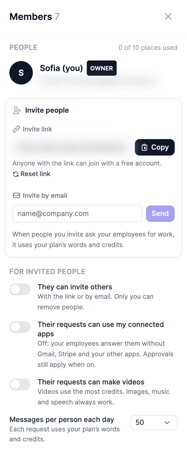 Members: the owner under People, Invite people with the invite link (blurred), Copy, Reset link and Invite by email, then the For invited people switches and Messages per person each day