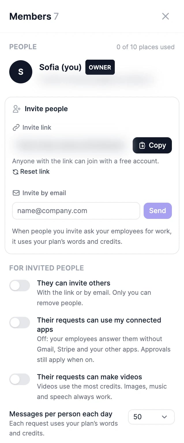Members: the owner under People, Invite people with the invite link (blurred), Copy, Reset link and Invite by email, then the For invited people switches and Messages per person each day