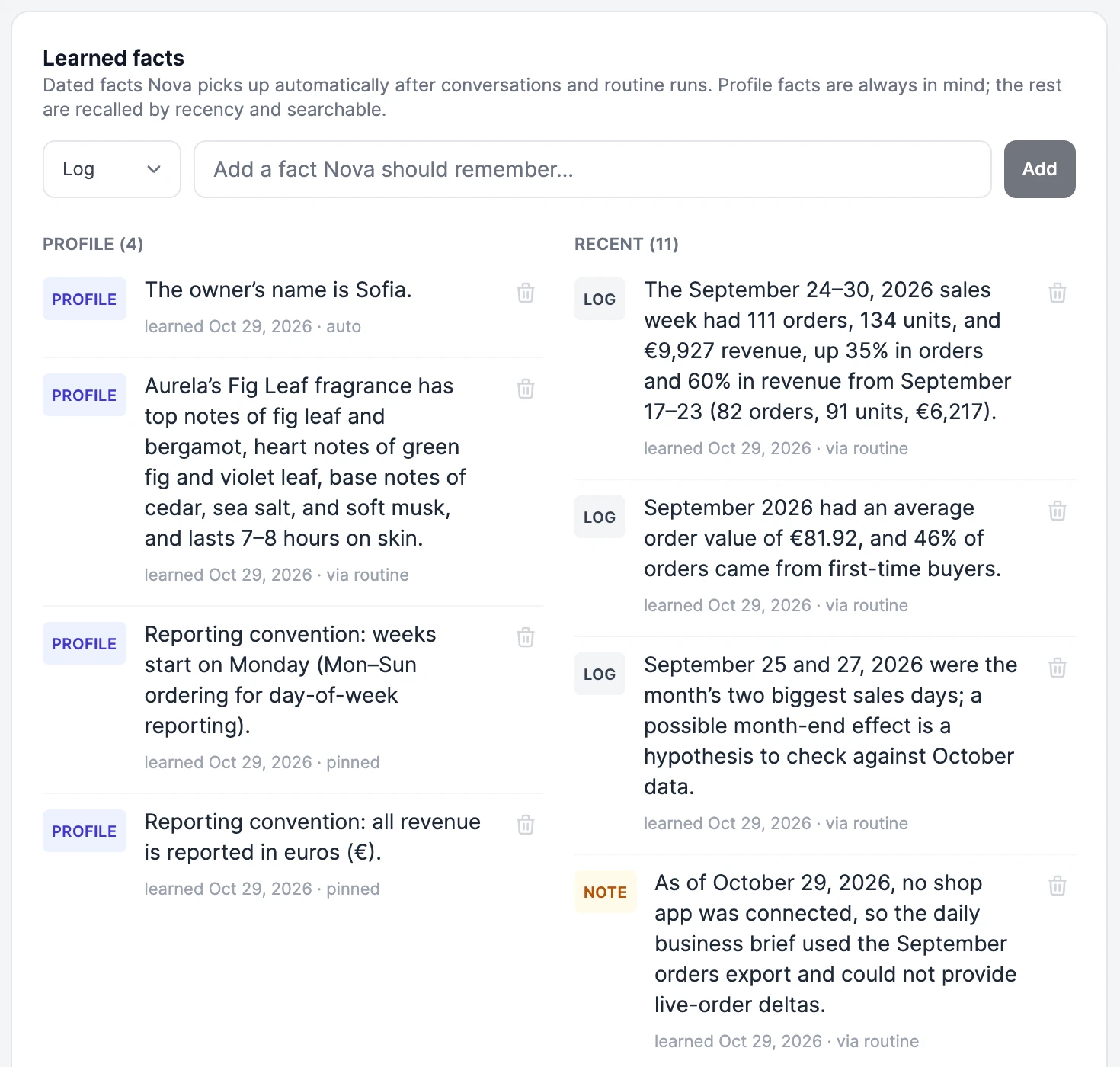 Learned facts: a box to add a fact, Profile facts such as the owner's name and reporting conventions, and recent Log and Note facts, each with when it was learned