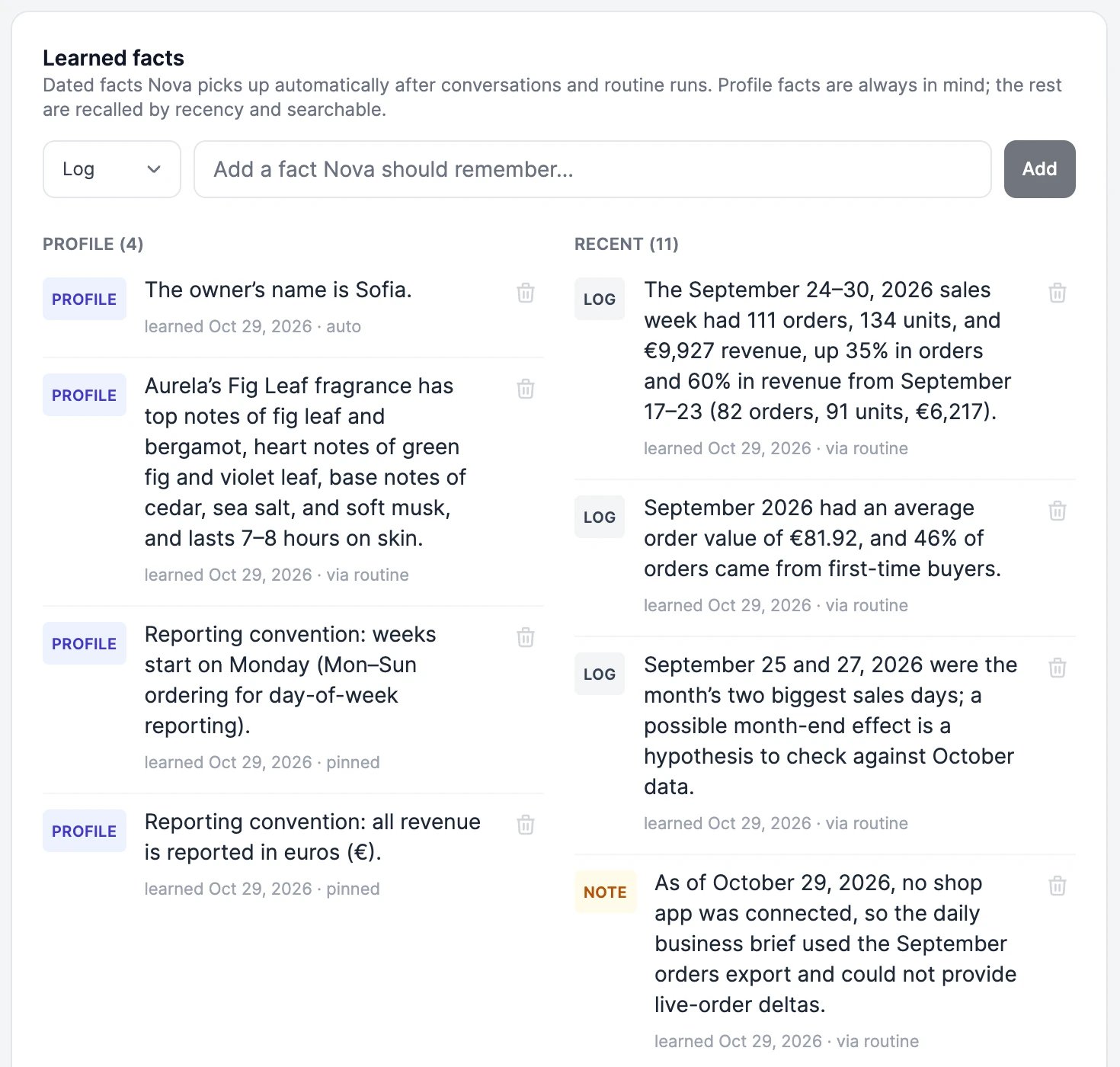 Learned facts: a box to add a fact, Profile facts such as the owner's name and reporting conventions, and recent Log and Note facts, each with when it was learned