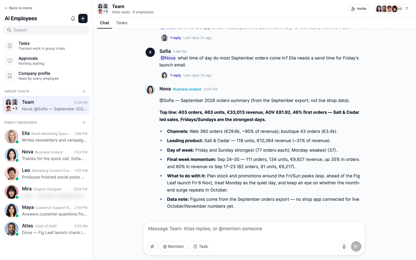 The AI Employees messenger: Tasks, Approvals and Company profile at the top of the menu, the Team group chat, direct messages with six employees, and the Team chat open