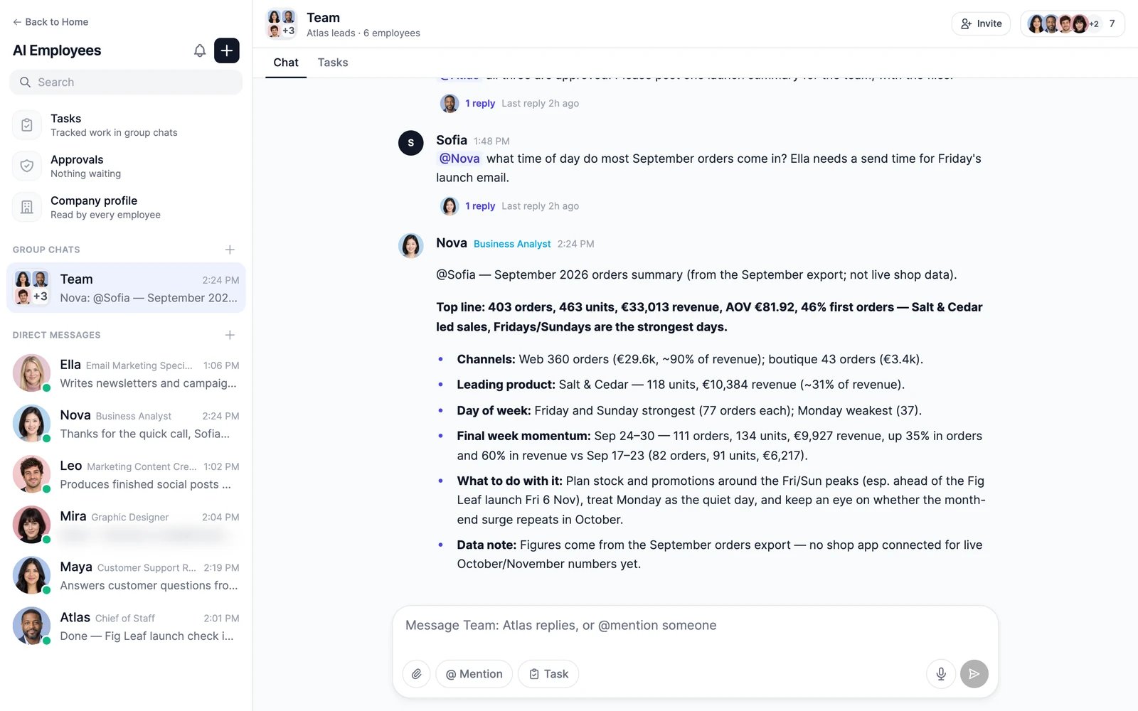 The AI Employees messenger: Tasks, Approvals and Company profile at the top of the menu, the Team group chat, direct messages with six employees, and the Team chat open