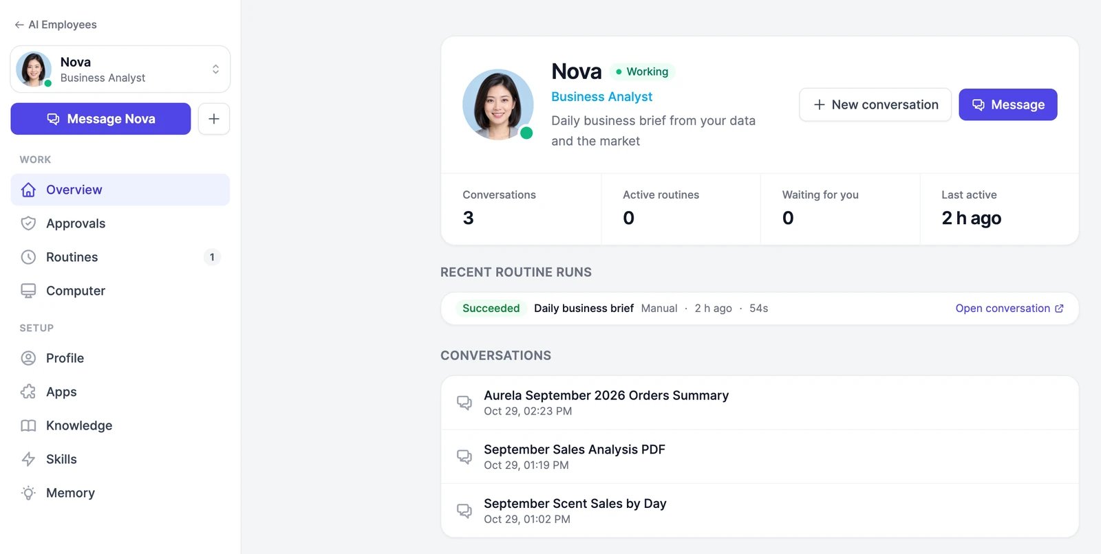 Nova's workspace on Overview: Message and New conversation, counts of conversations, active routines and what's waiting for you, a recent routine run, and her conversations, with the workspace sections in the menu