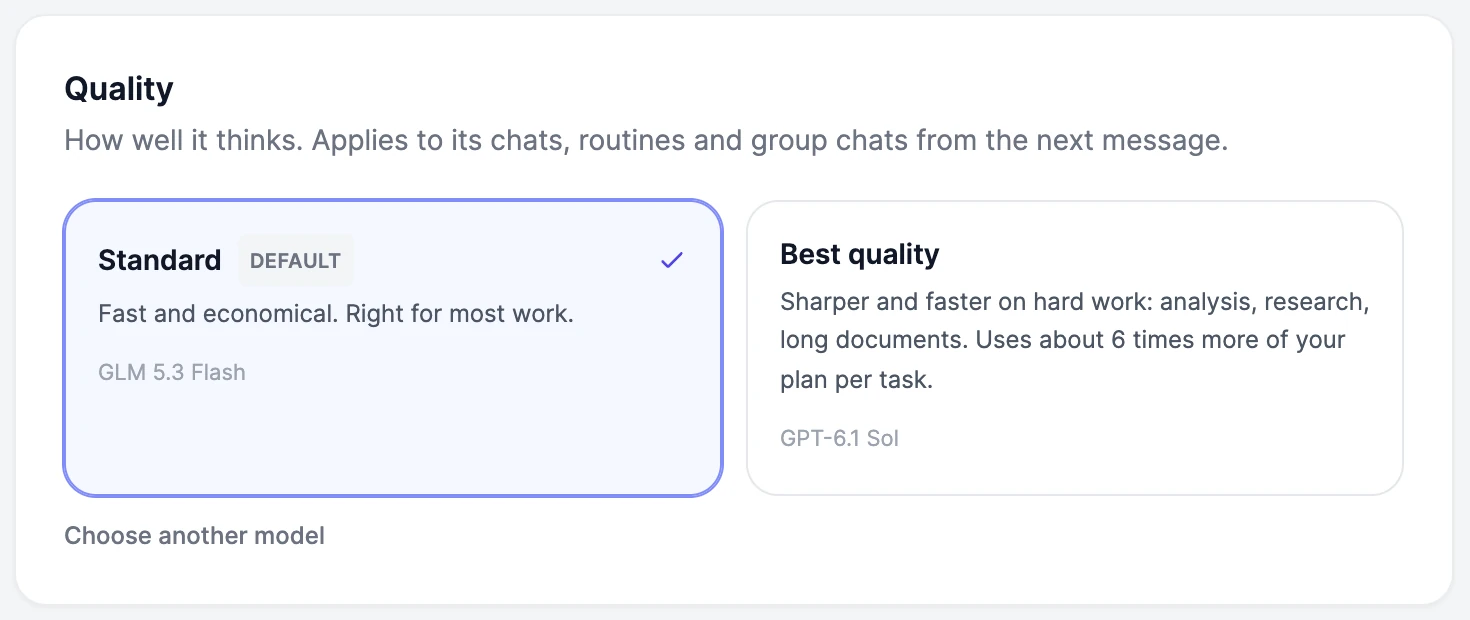 Quality: Standard, the default, selected, and Best quality, with Choose another model under them
