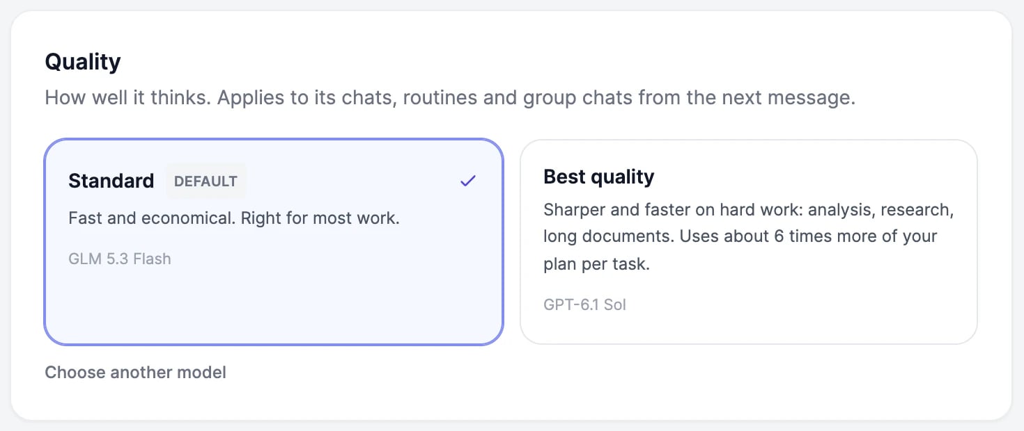 Quality: Standard, the default, selected, and Best quality, with Choose another model under them