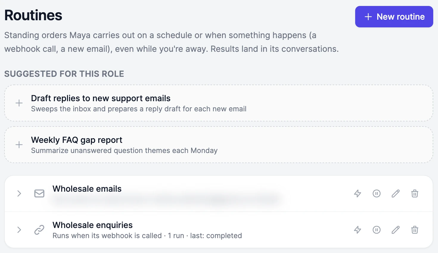 Maya's Routines: two suggestions for her role, and her routines Wholesale emails and Wholesale enquiries, each with its buttons