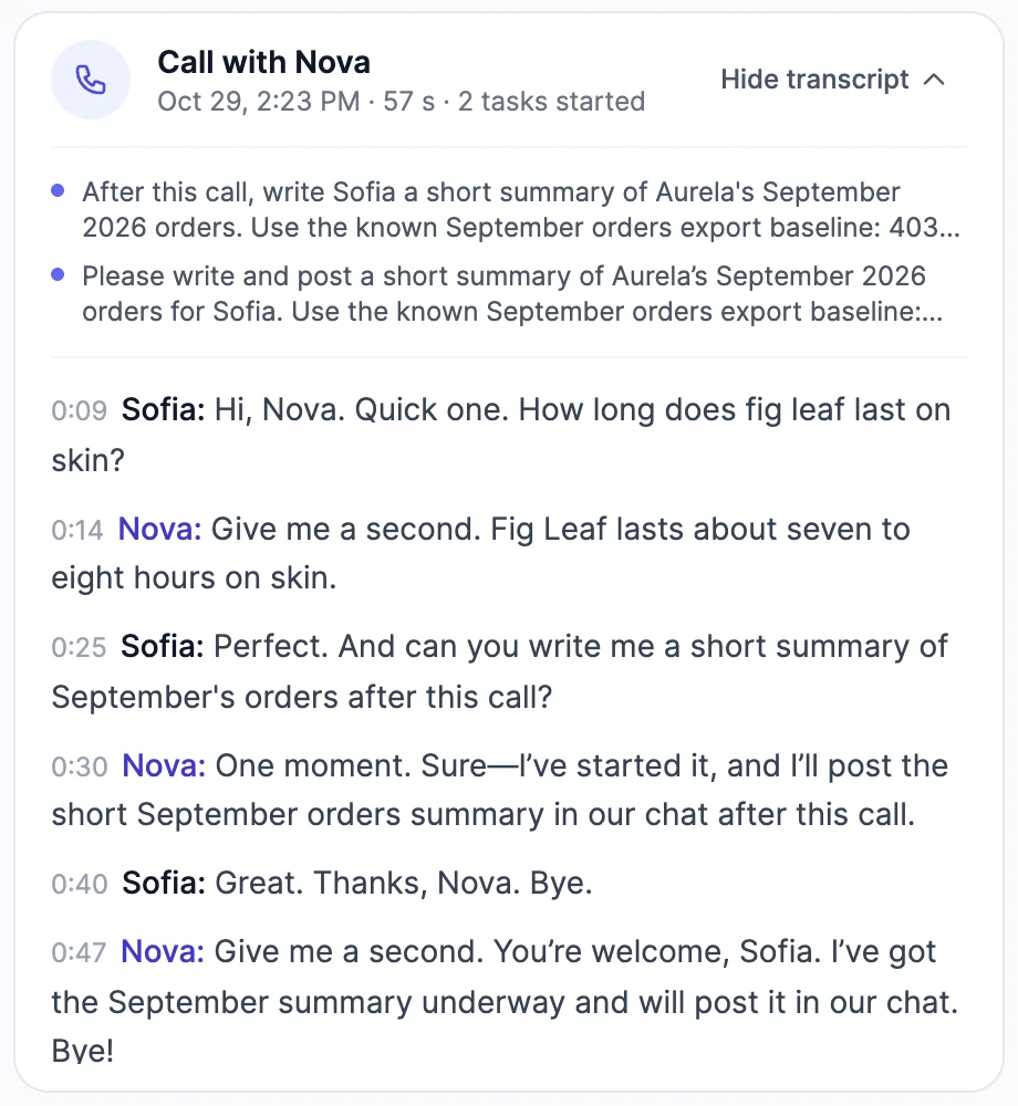 A call card: Call with Nova, 57 seconds, 2 tasks started, with the tasks and the transcript open