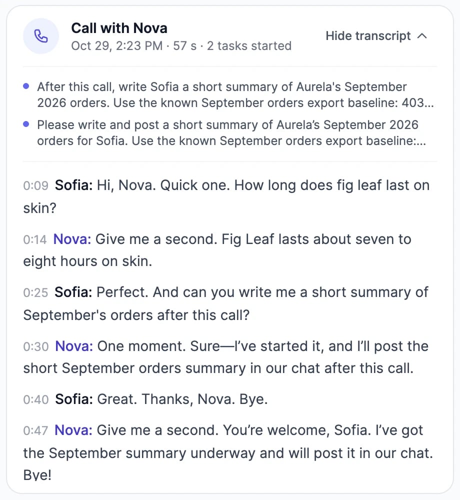 A call card: Call with Nova, 57 seconds, 2 tasks started, with the tasks and the transcript open