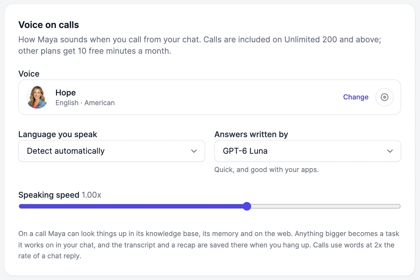 Voice on calls: the voice Hope, Language you speak set to Detect automatically, Answers written by GPT-6 Luna, and Speaking speed