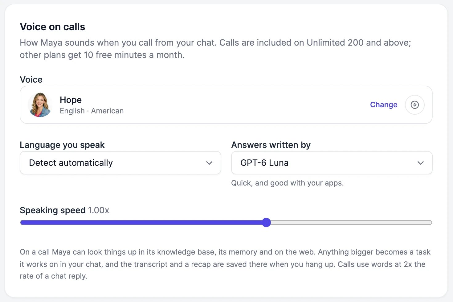 Voice on calls: the voice Hope, Language you speak set to Detect automatically, Answers written by GPT-6 Luna, and Speaking speed