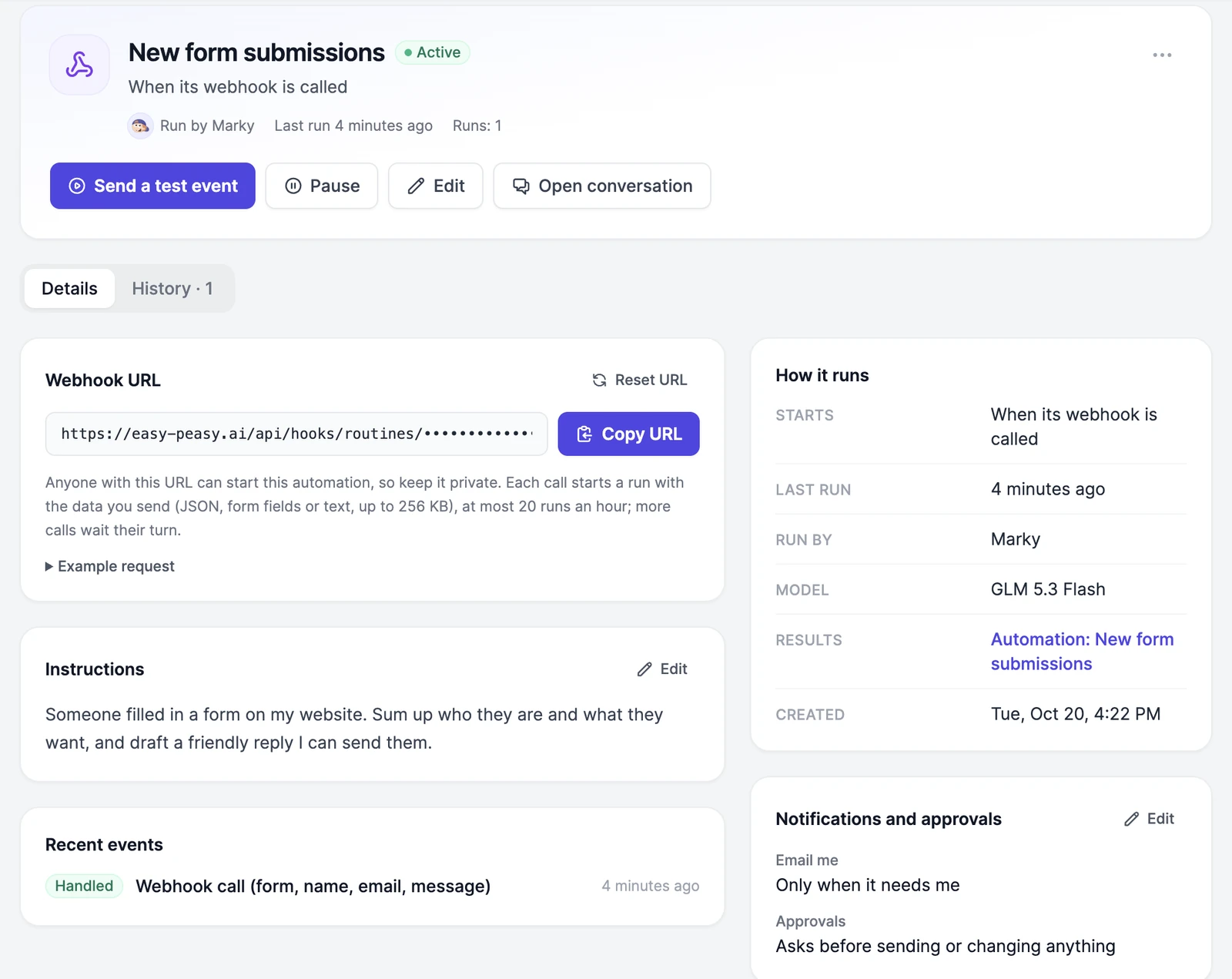 The page of the New form submissions webhook automation: the Send a test event, Pause, Edit, and Open conversation buttons, then the Details tab with the Webhook URL and Copy URL, the instructions, recent events, How it runs, and Notifications and approvals
