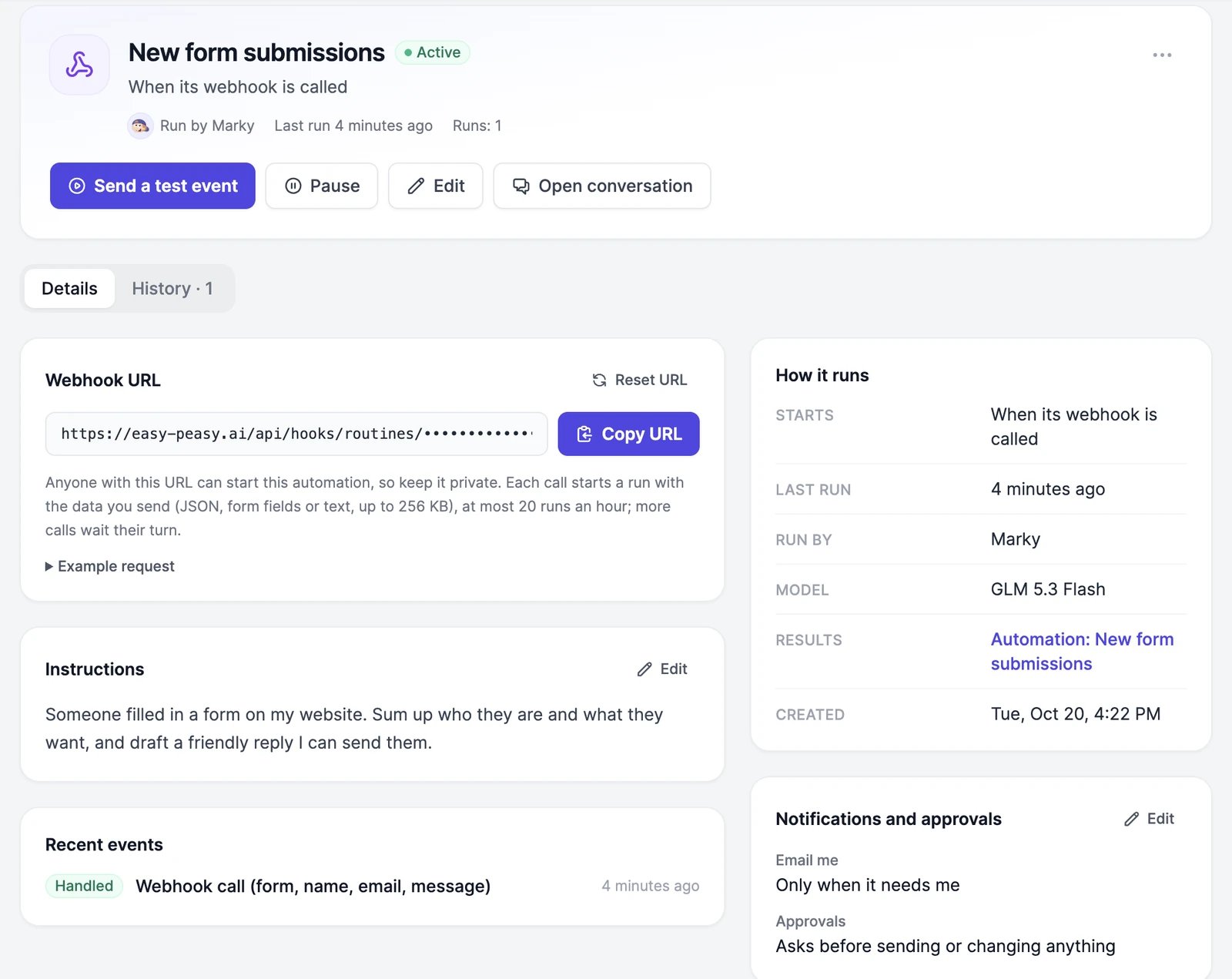 The page of the New form submissions webhook automation: the Send a test event, Pause, Edit, and Open conversation buttons, then the Details tab with the Webhook URL and Copy URL, the instructions, recent events, How it runs, and Notifications and approvals