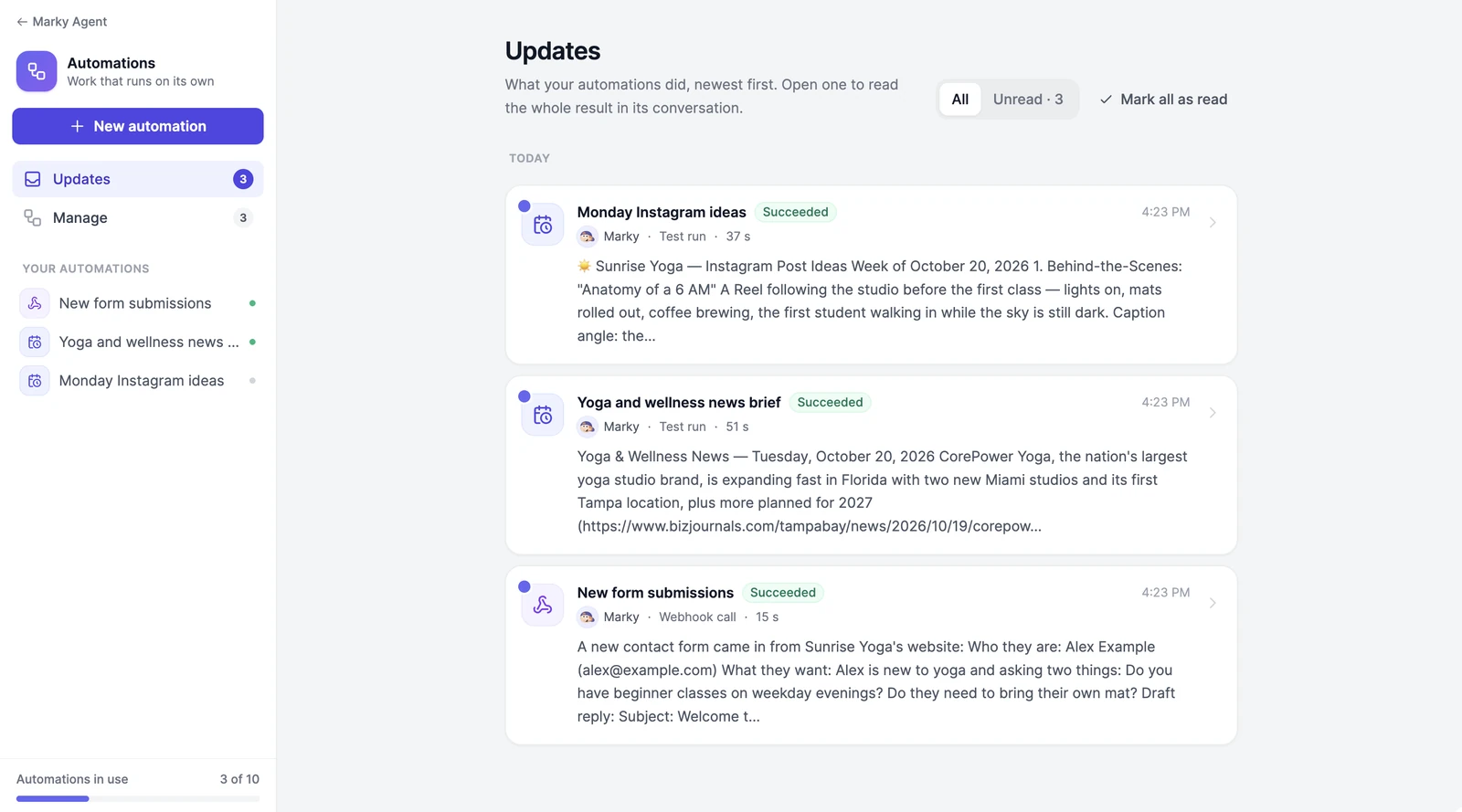 The Updates page with three unread results from today: Monday Instagram ideas and Yoga and wellness news brief from test runs, and New form submissions from a webhook call, each with the start of its result, next to the menu with Updates, Manage, the three automations, and Automations in use 3 of 10