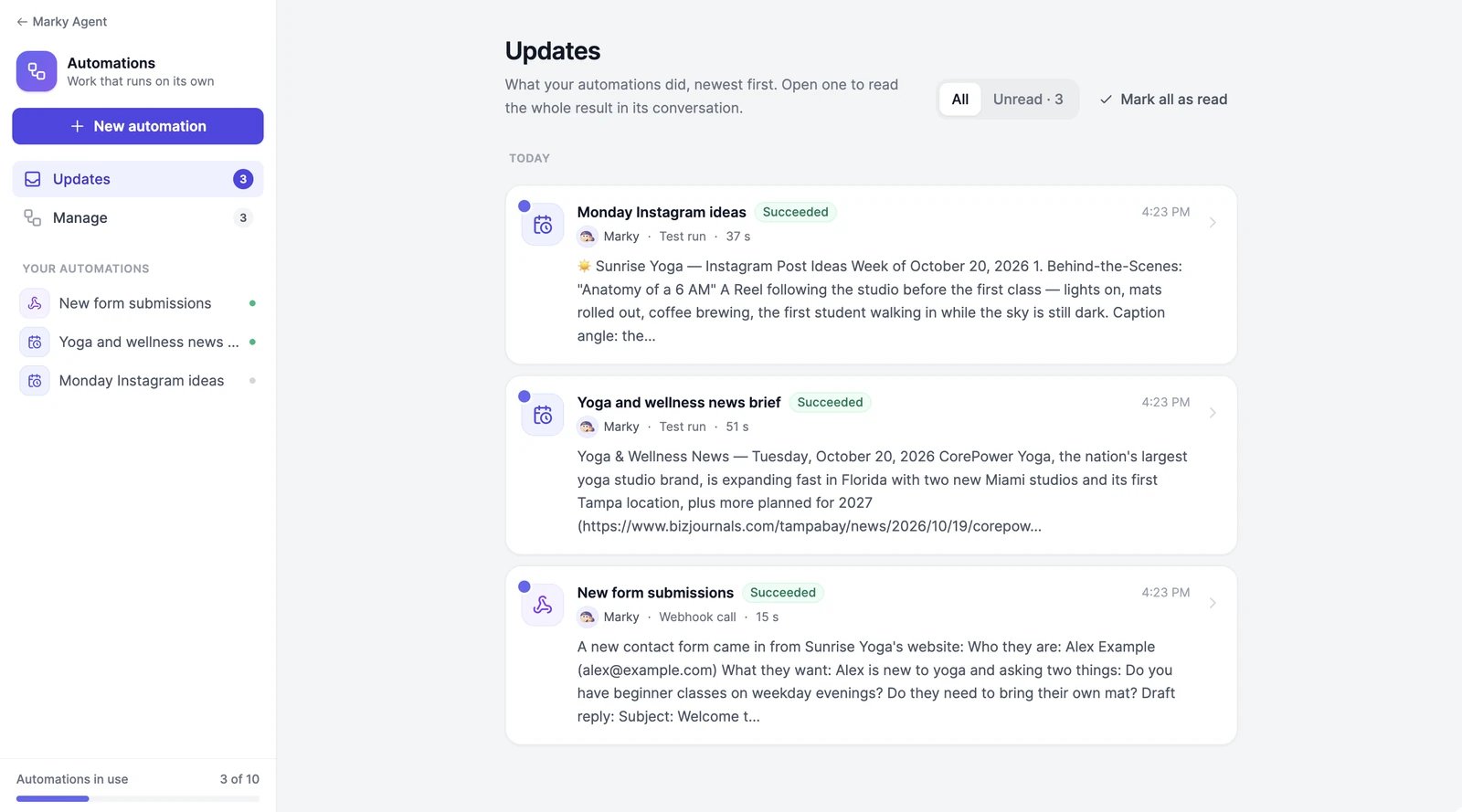 The Updates page with three unread results from today: Monday Instagram ideas and Yoga and wellness news brief from test runs, and New form submissions from a webhook call, each with the start of its result, next to the menu with Updates, Manage, the three automations, and Automations in use 3 of 10