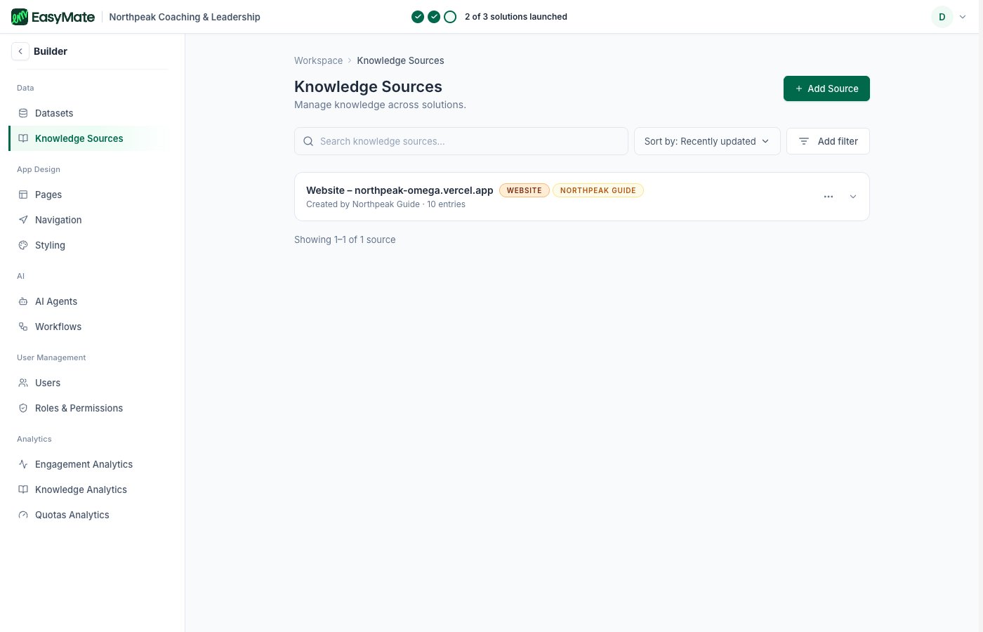 The Knowledge Sources area in the Builder
