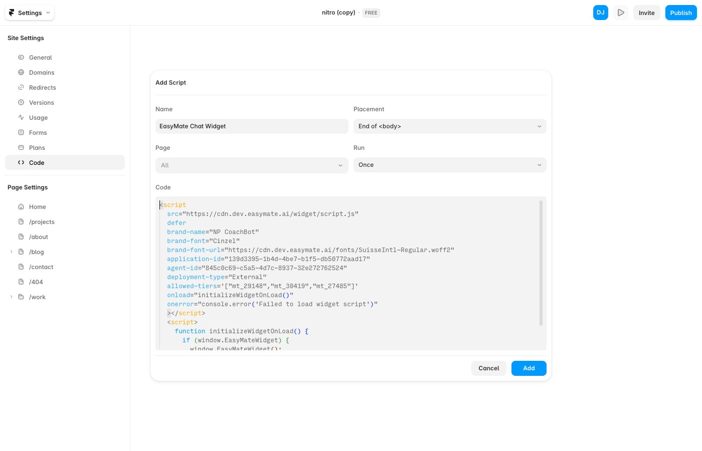 The Framer Add Script panel with the snippet, Placement End of body, and Page All