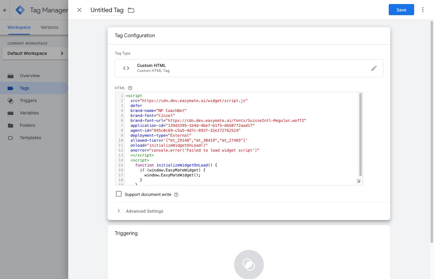A Google Tag Manager Custom HTML tag with the EasyMate snippet in the HTML box