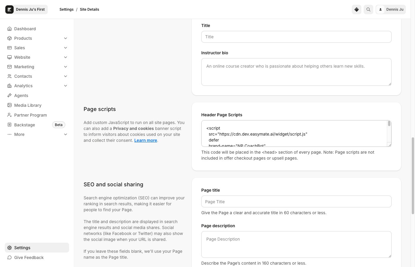 The Kajabi Page scripts section with the snippet in the Header Page Scripts box