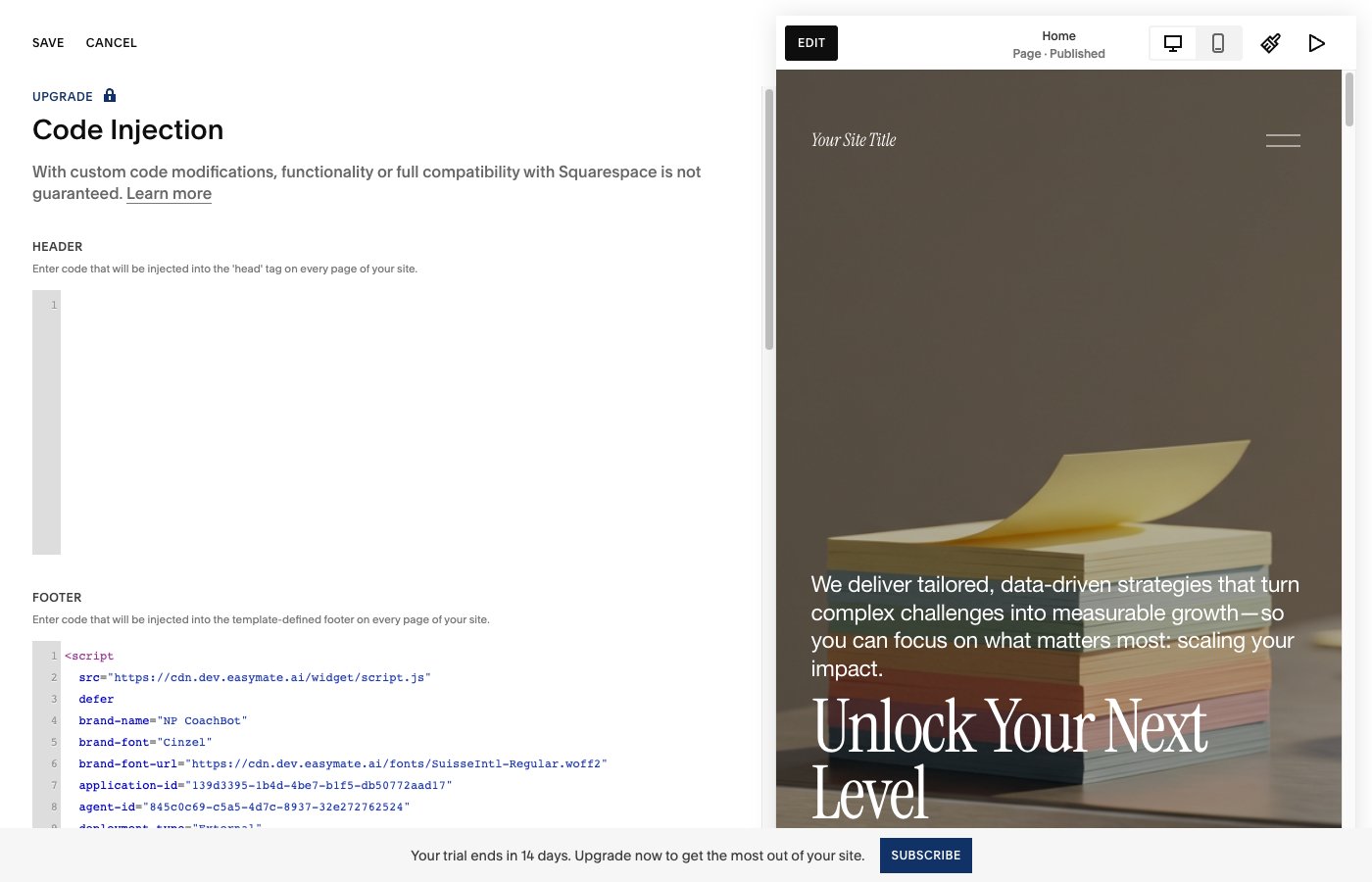 The Squarespace Code Injection panel with the snippet pasted into the Footer box