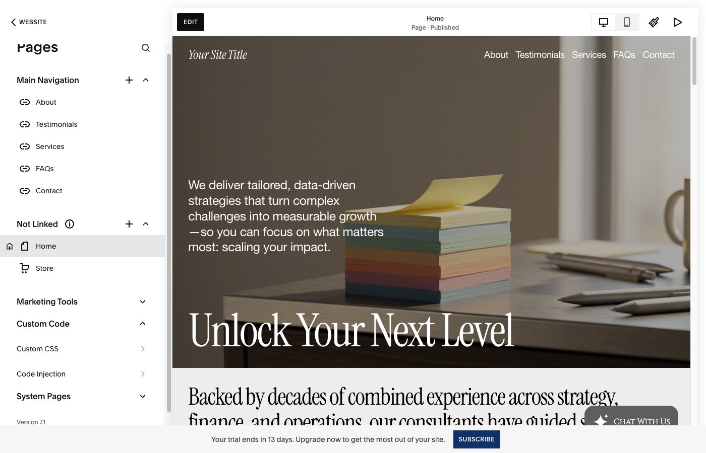 The Pages panel with the Custom Code section expanded, showing Code Injection
