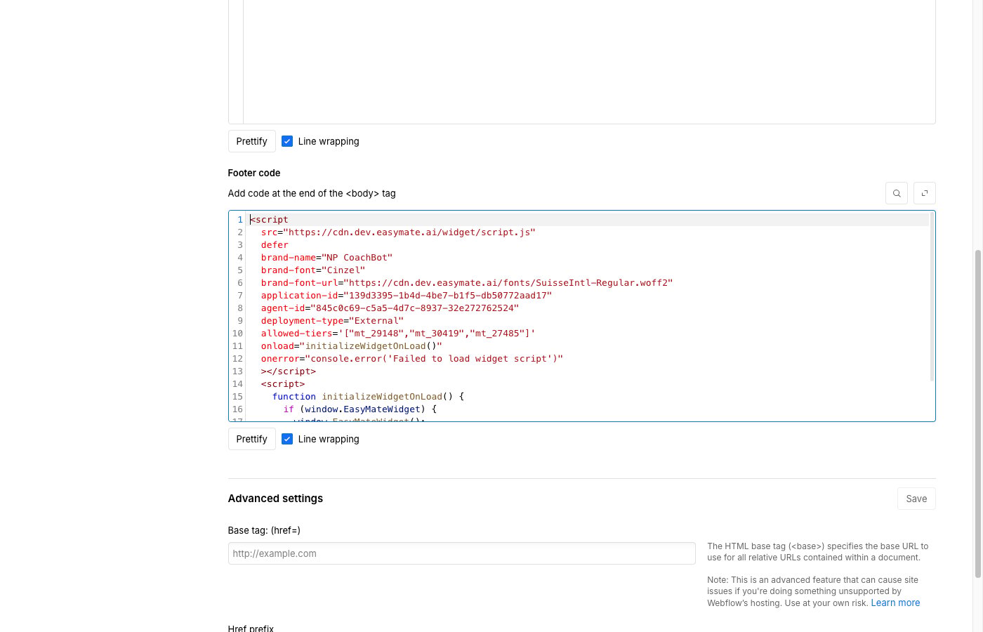 The Webflow Custom code page with the snippet in the Footer code box
