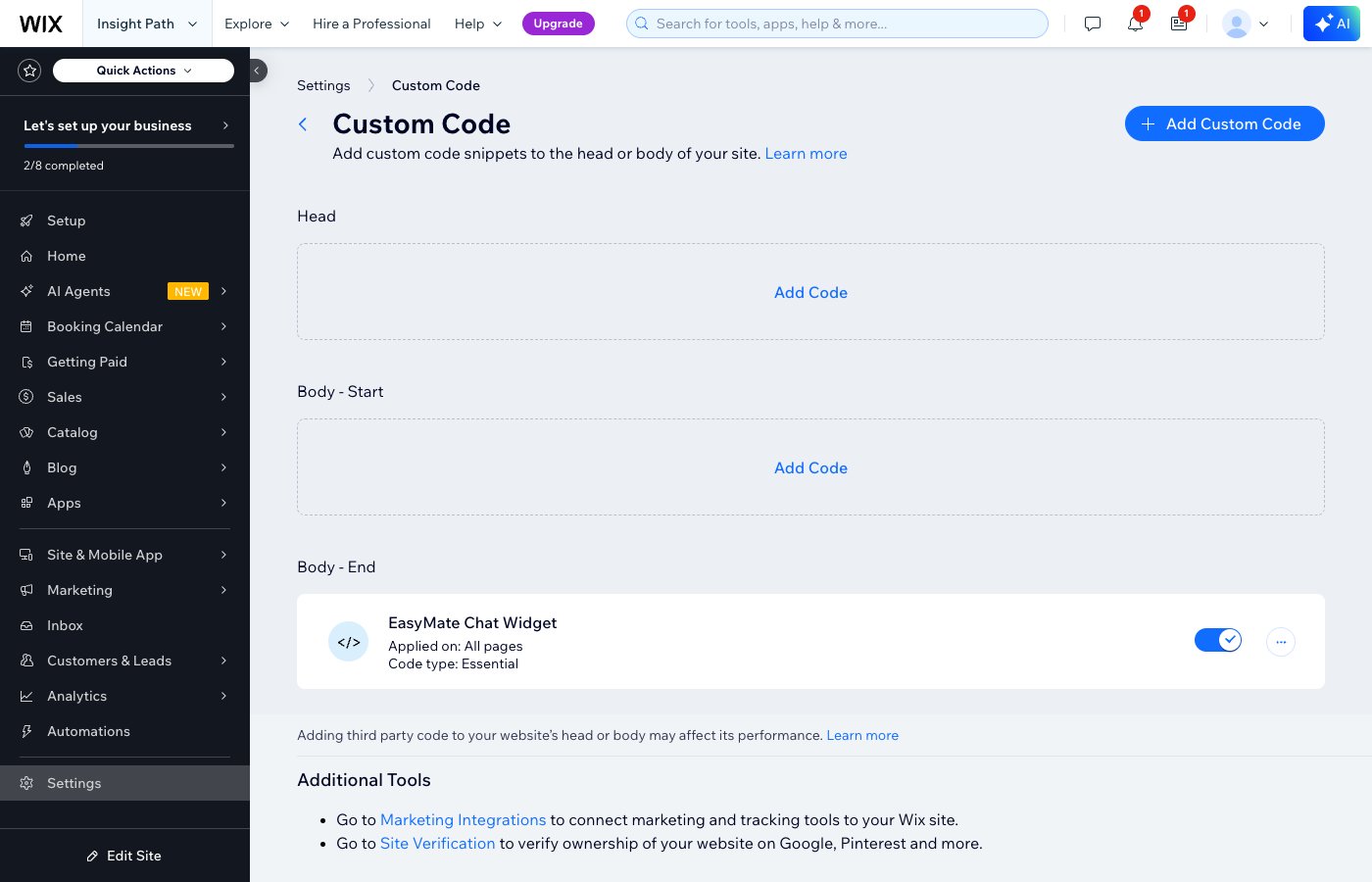 The Wix Custom Code page with Head, Body - Start, and Body - End sections