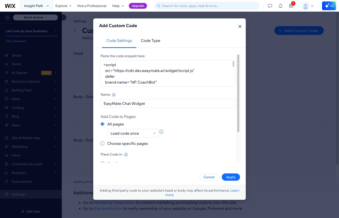 The Wix Add Custom Code dialog with the snippet pasted, set to All pages and Body - End