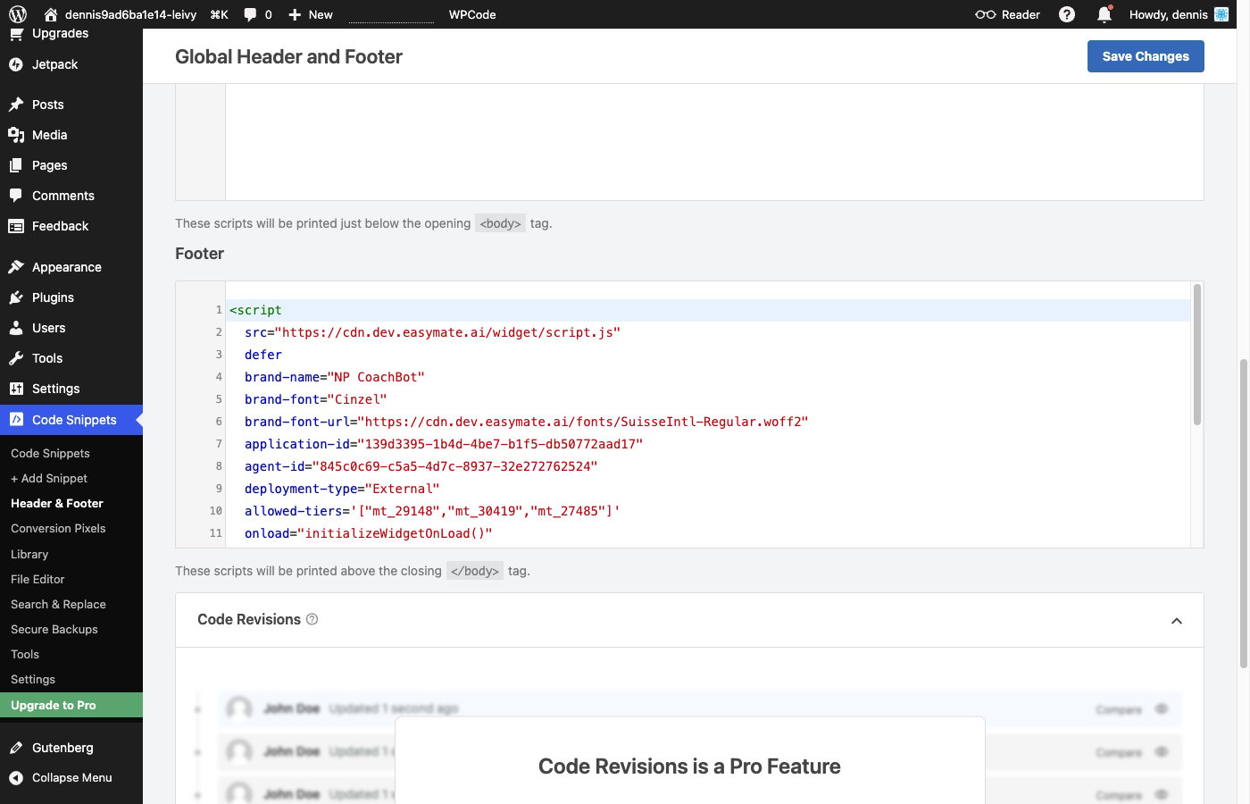 The WPCode Header and Footer page with the snippet in the Footer box