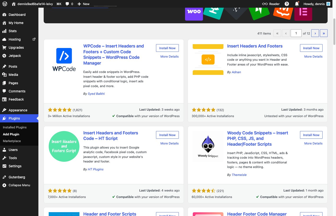 The Add Plugins page with WPCode in the search results and an Install Now button