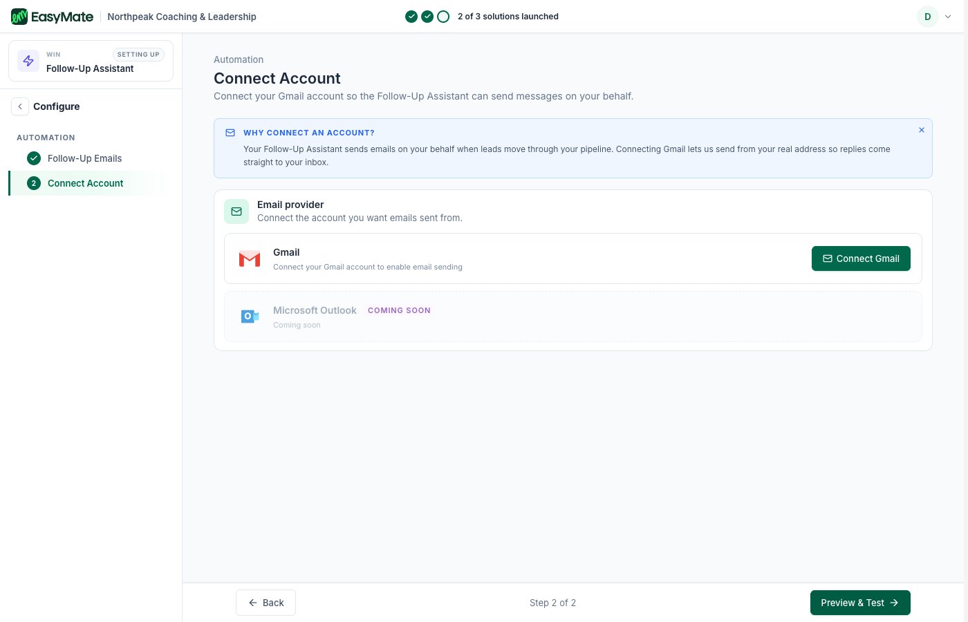 The Connect Account step showing Gmail and Outlook coming soon