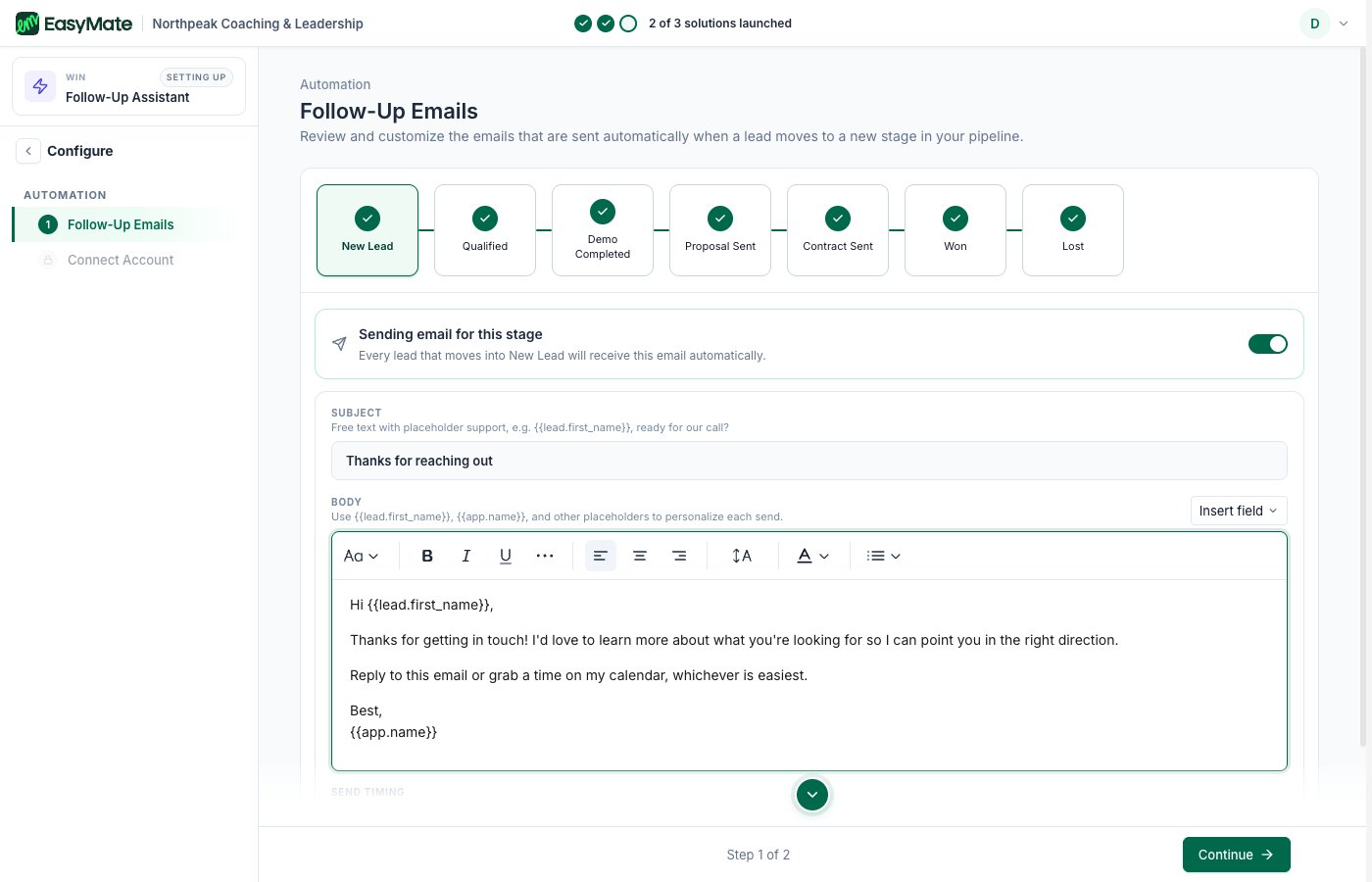 The Follow-Up Emails step with the per-stage email editor