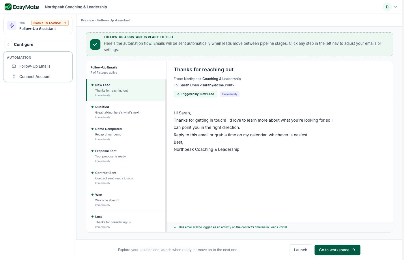 The preview showing the email flow across pipeline stages