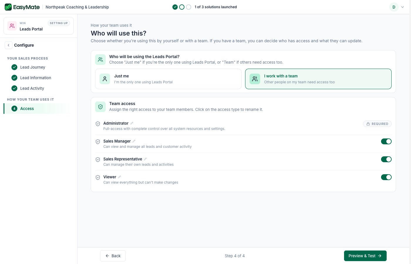 The Access step with solo or team options and roles